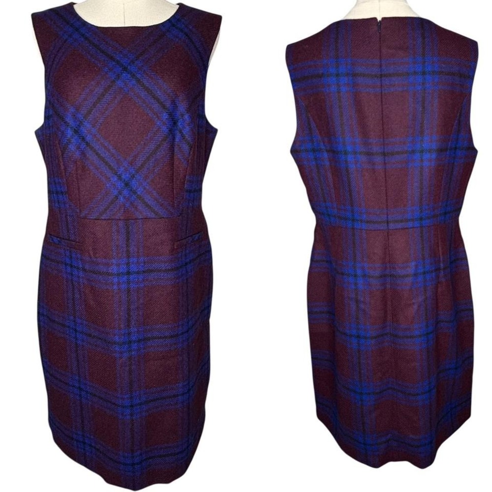 Hobbs London Plaid Wool Sheath Dress Burgundy Blue Knee Length Sleeveless sz 12 - Picture 2 of 9